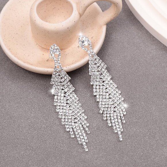 Bling Rhinestone Dangle Prom Women Long Tassel Crystal Chandelier Earrings - Picture 4 of 8